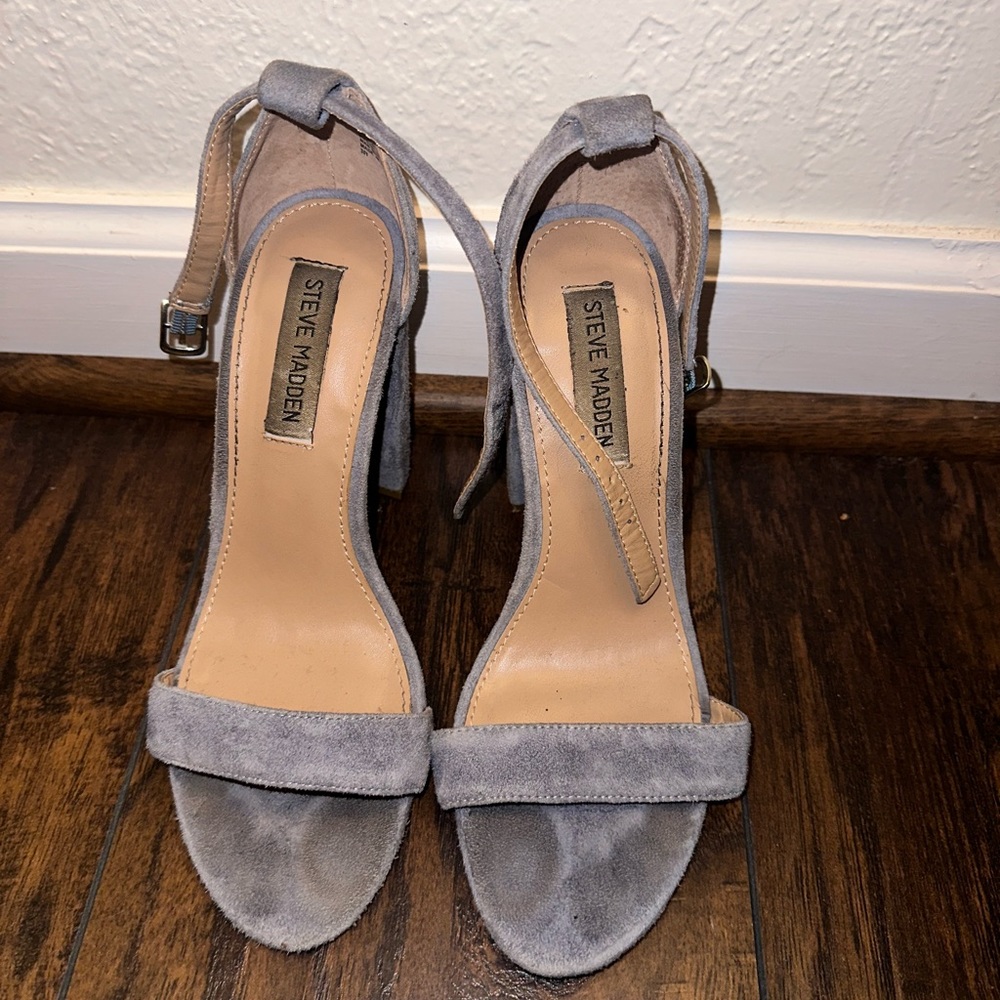 STEVE MADDEN Blue Suede Ankle Strap Open Toe Block Heels Size 8